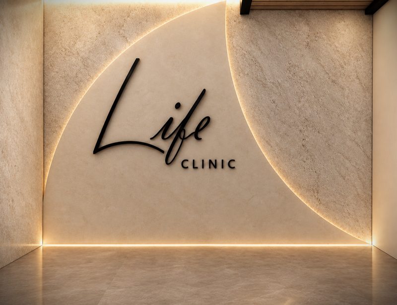 The glowing LIFE feature wall at reception